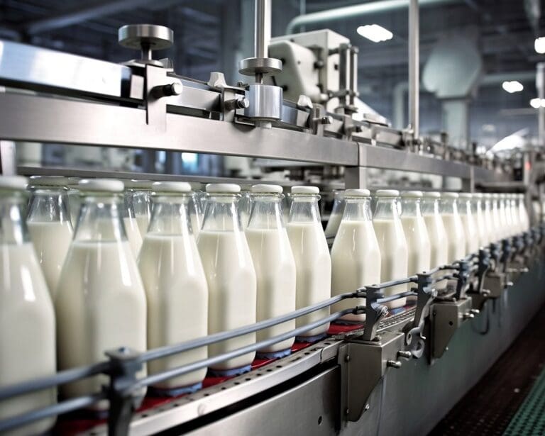 Milk bottling line at dairy production plant