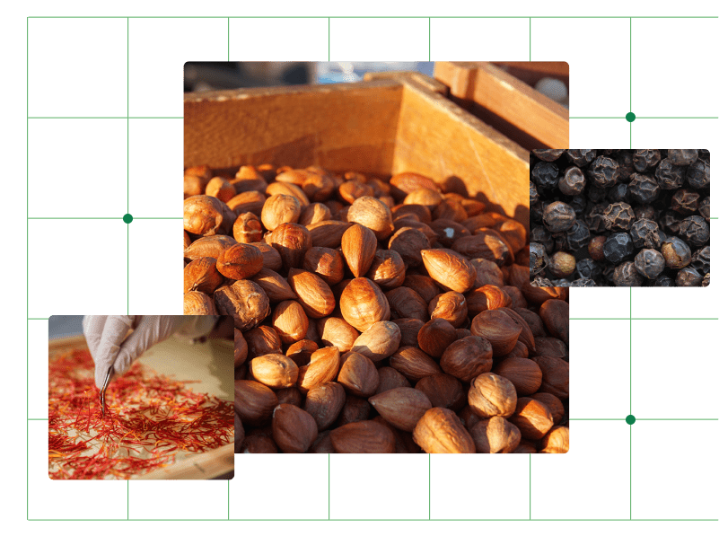 Mixed dried fruits and nuts in rustic wooden containers, representing food ingredient pricing