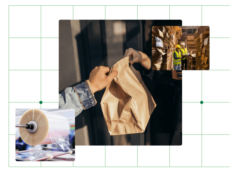 Woman taking takeaway paper bag with food and coffee to go