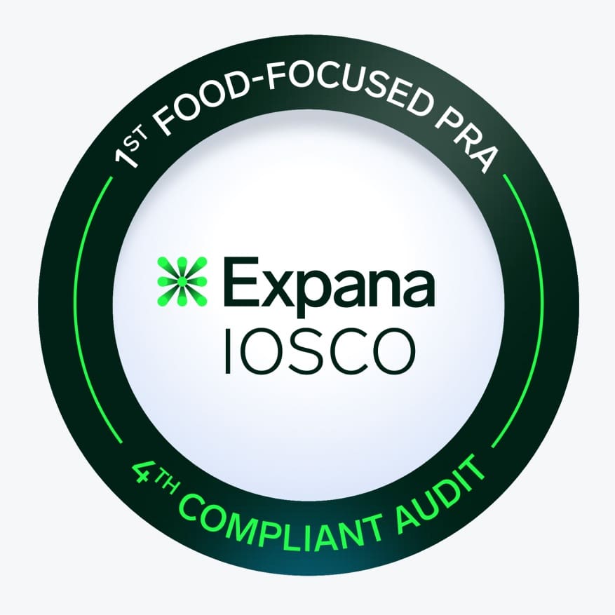 Expana IOSCO badge. 1st food-focused PRA. 4th compliant audit