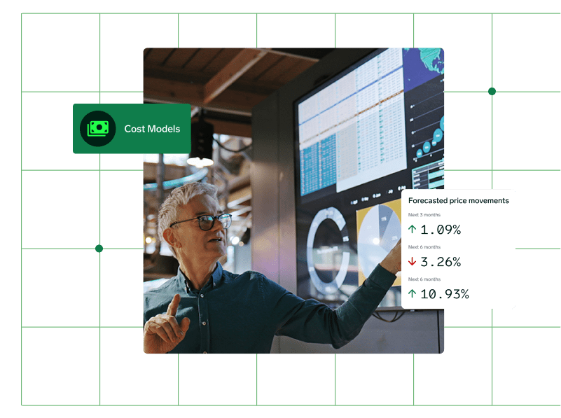Man conducting a presentation with the aid of a large screen. The screen is displaying graphs and data